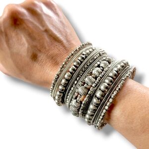 ✨️HP✨Stacked Y2K Silver Tone Boho Beaded Wire Wrap Open Cuff Gypsy Bracelet
